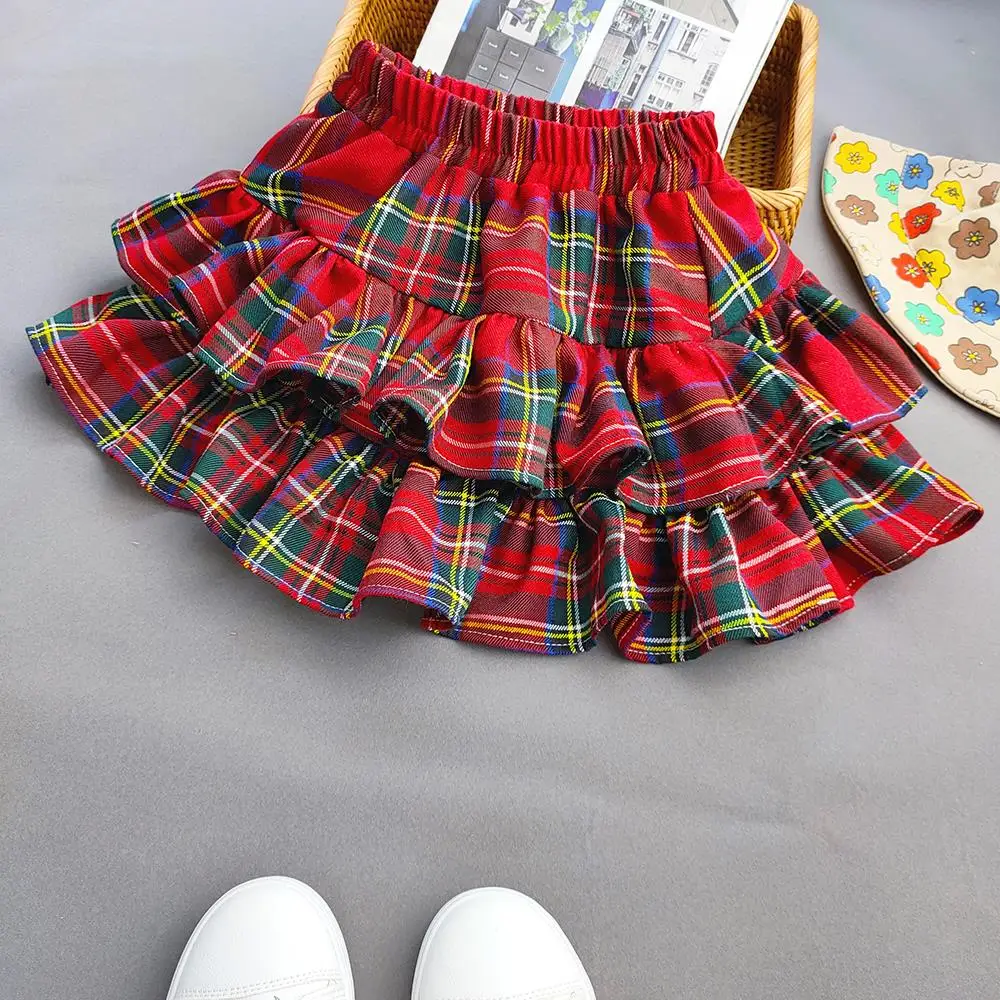 Plaid Ruffled Kids Baby Girls Cake Skirts Princess Ball Gown Pleated Tutu Skirts for Summer Autumn Children\'s Short Skirt