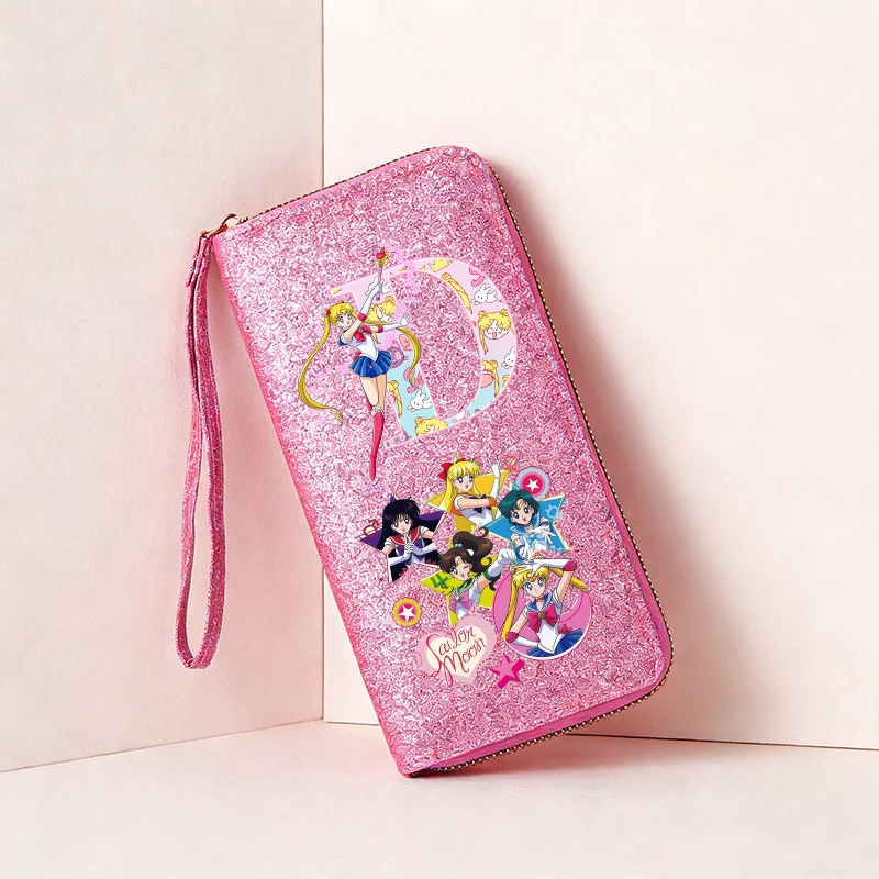 

Sailor Moon Long Wallet Women Sequin Shining Zipper Wallets Letter A-z Initials Coin Purse ID Card Holder Female Clutch Purses