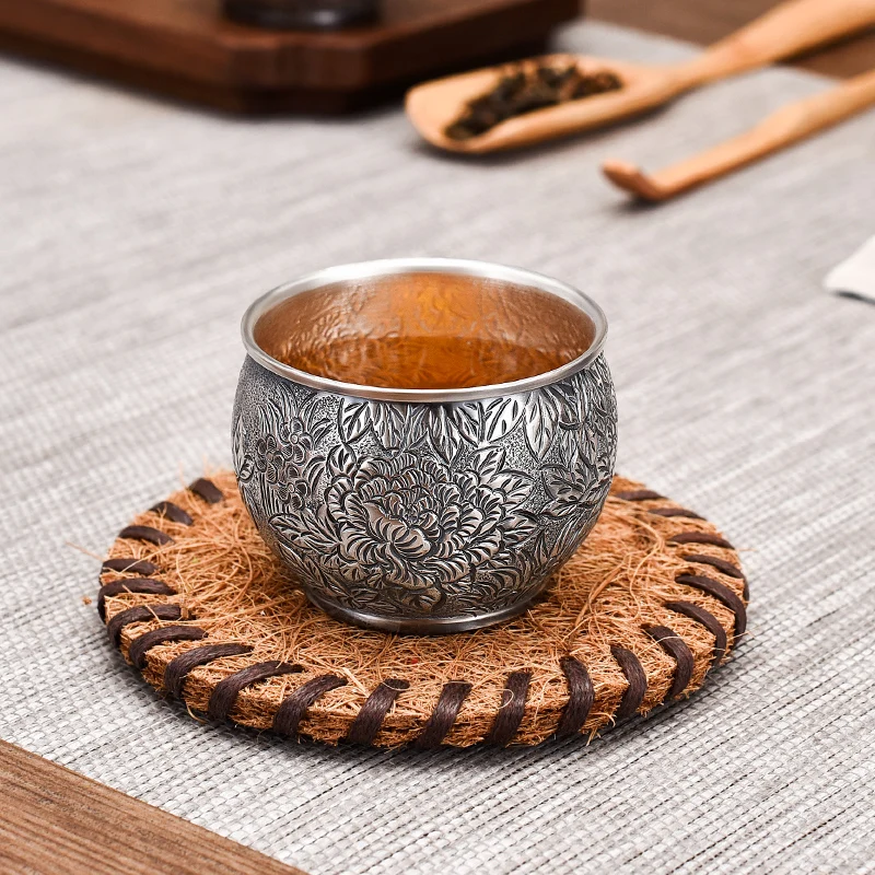 Pure sample tea cup silver tea cup pure handmade silver 999 vintage peony tea cup household kung fu silver cup