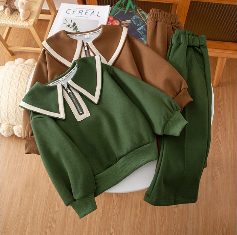 Childrens Set Flared Pants Korean Autumn Season Motion New Girl Causal Two Piece Fashionable Zipper Turn Down Collar