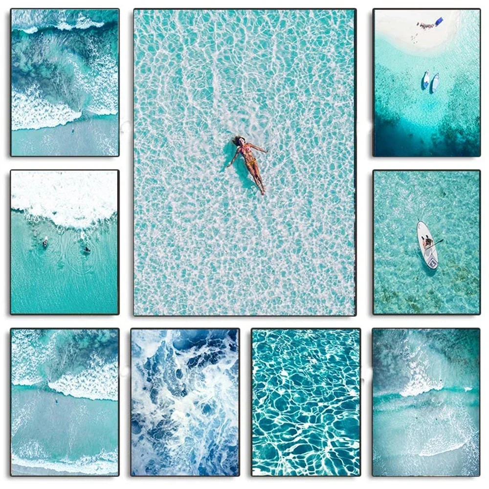 Beach Blue Ocean Wave Sea Water Surf Posters And Prints Coastal Seascape Canvas Painting Wall Art Picture Living Room Home De