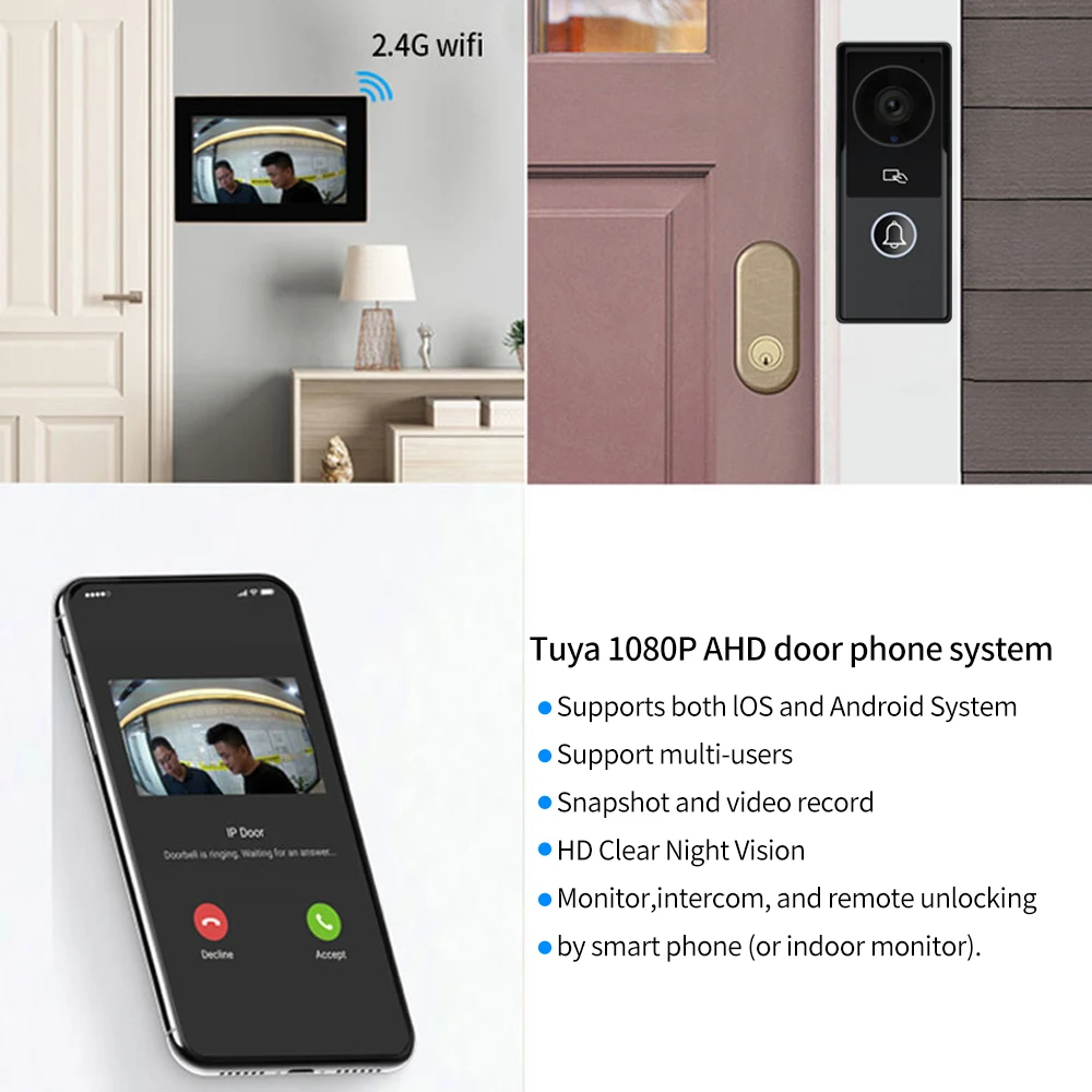 TUYA 1080P Touch Screen da 7/10 pollici AHD Wireless Wifi Videocitofono Smart APP Kit videocitofono domestico per sistema di controllo accessi