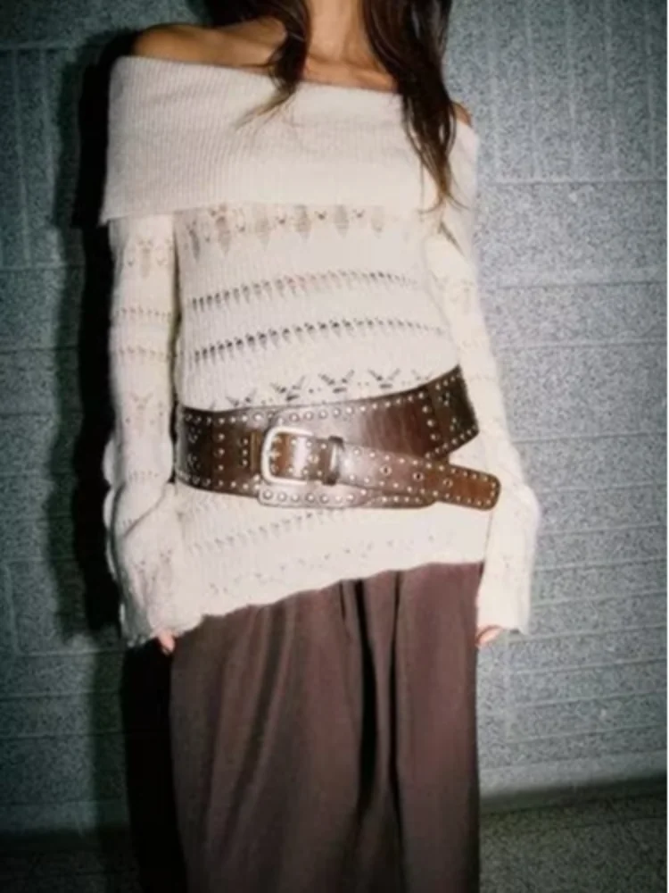 

Solid Color Women Hollow Out One Neck Knitted Sweater Fashion Long Sleeved Lace Up Pullover Sweaters Lady Daily Casual Outwear