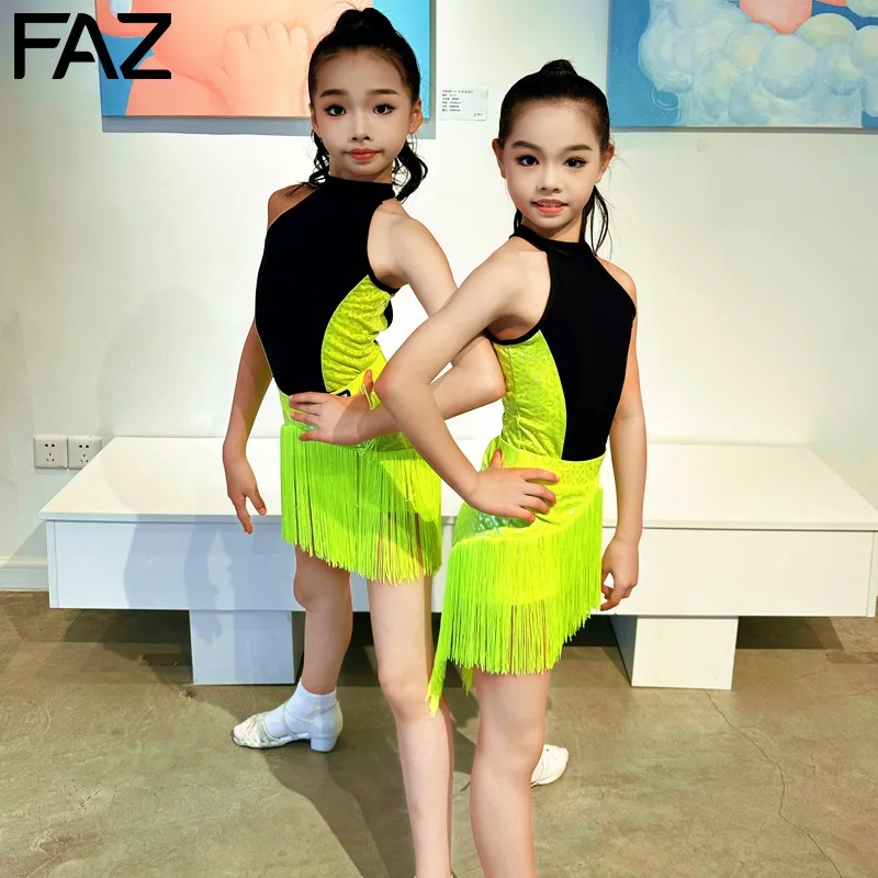 

Customized Children's Latin Dance Suit Practice Dress Girls' Latin Sleeveless Performance Dress Split Set Green Tassel