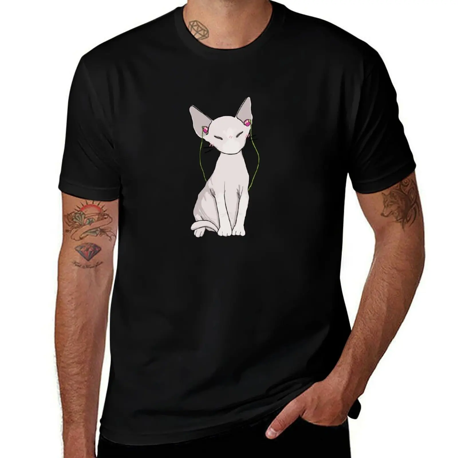 sphynx cat with earbuds T-Shirt Basic Simple Casual Short Sleeve Tee