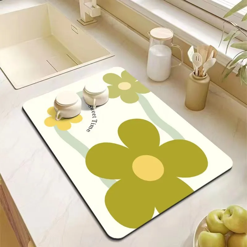 Quick Dry Dish Drying Mat Flower Rubber Tableware Draining Pads Rug Kitchen Dinnerware Placemat Super Absorbent Coffee Drain Pad