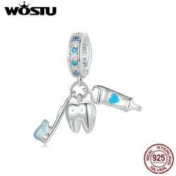 WOSTU 925 Sterling Silver Tooth spazzolino da denti dentifricio ciondolo Charms Blue Bead Fit bracciali originali collane fai da te gioielli Make