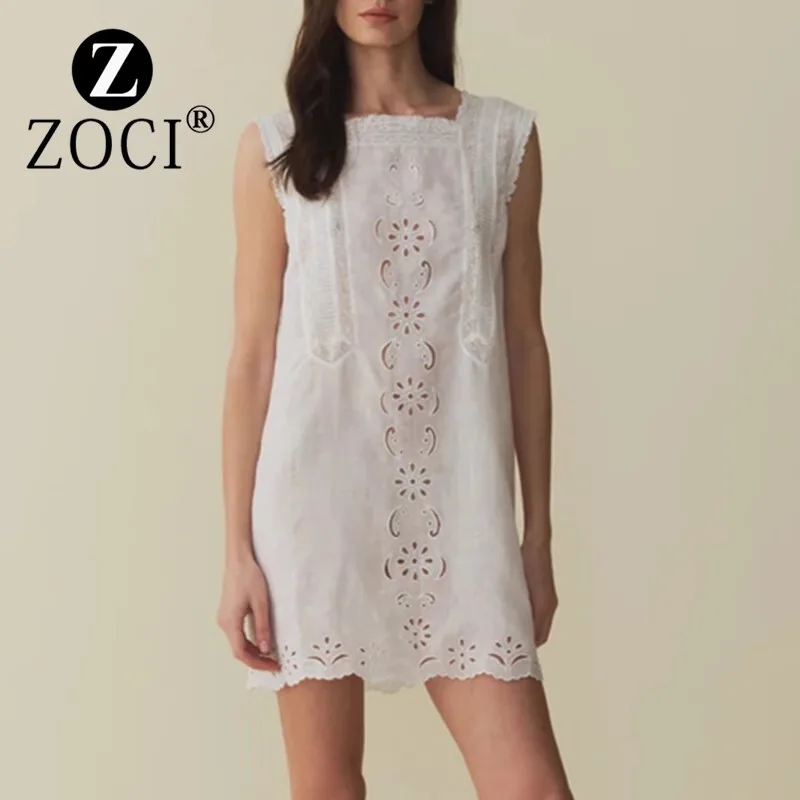 [zoci] Autumn Niche Summer Embroidered Hollow Lace Splicing Sleeveless Mini Dress Women New