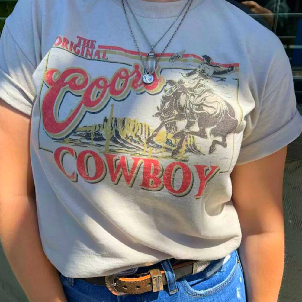 6092 Vintage Original Cowboy Rodeo T-Shirts Women Short Sleeve Loose Western Funny Tshirts Hippie Boho Retro Tees Summer Tops