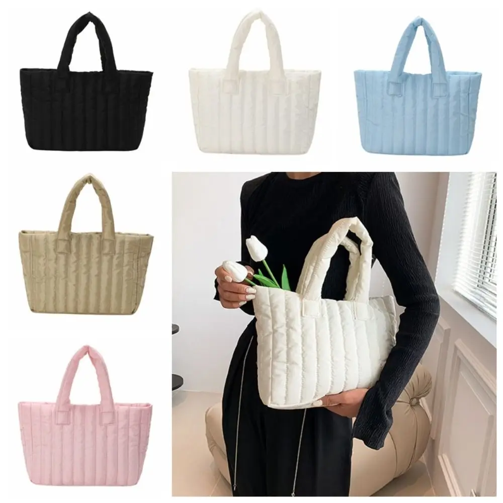 Korean Style Padded Tote Bag Large Capacity Cloth Puffer Handbag Solid Color Quilted Cloud Shoulder Bag Office Worker