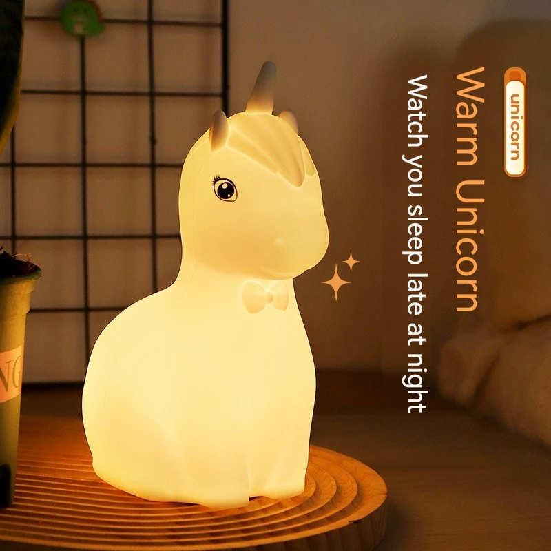 

Cartoon unicorn silicone ambient night light home bedside breastfeeding pat pat night light