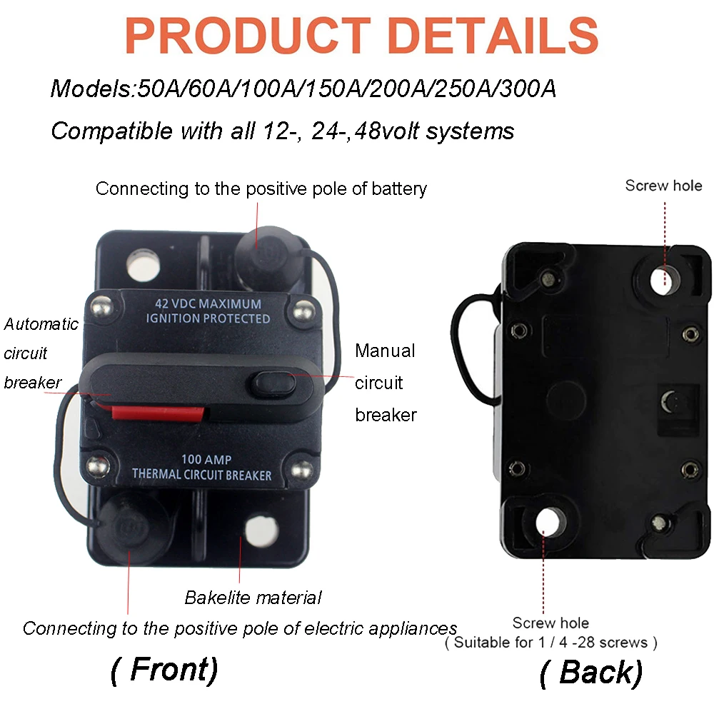 12-48VDC Circuit Breaker 50A 60A 80A 100A 150A 200A 250A 300A Car Truck Audio Resettable Fuse Circuit Breaker with Power Protect