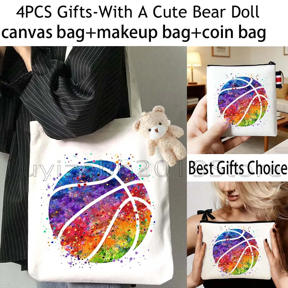 4PCS Gifts Basketball Ball Watercolor Sports Canvas Tote Bag Cotton Handbag,Cosmetic Makeup Bag,Coin Purse Wallet Zipper Pouch