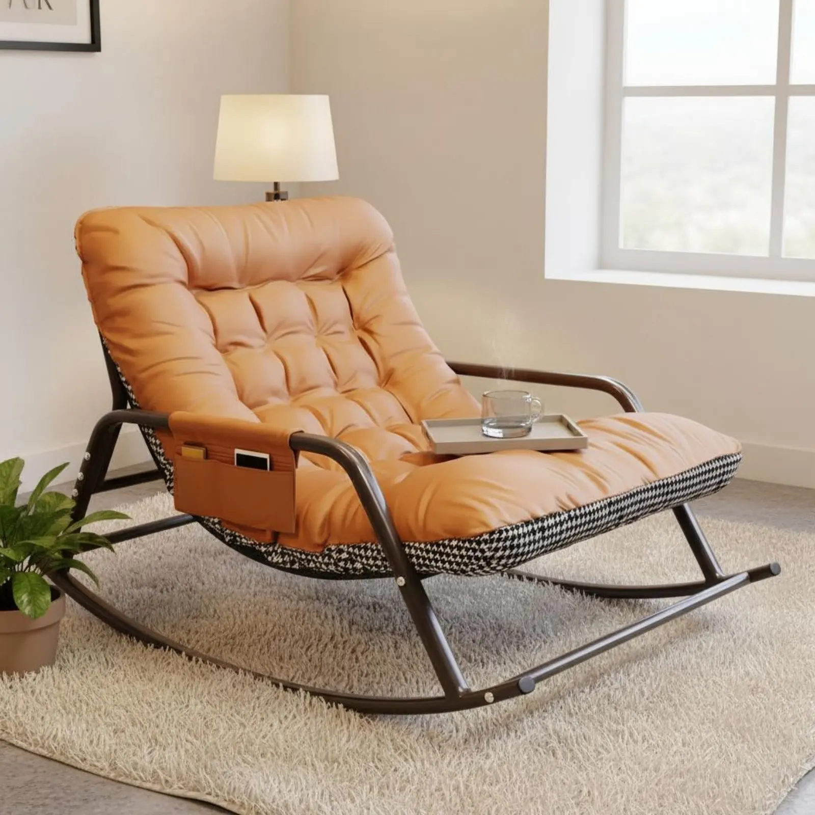 Upholstered Rocking Lounge Chair Side Storage Pocket Padded Rocking Recliner Cushioned Leisure Recliner Additional Wide Seat