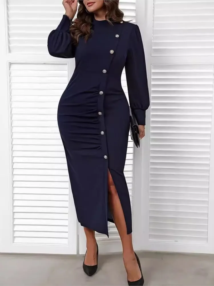 Plus Size Autumn Long Split Dress Women Ruffle Pleated Fashion Slim High Waist Bodycon Ladies Dresses Long Sleeve Woman Dress