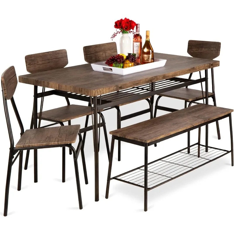 6-Piece 55in Modern Dining Set for Home, Kitchen, Dining Room w/Storage Racks, Rectangular Table, Bench, 4 Chairs, Steel Frame