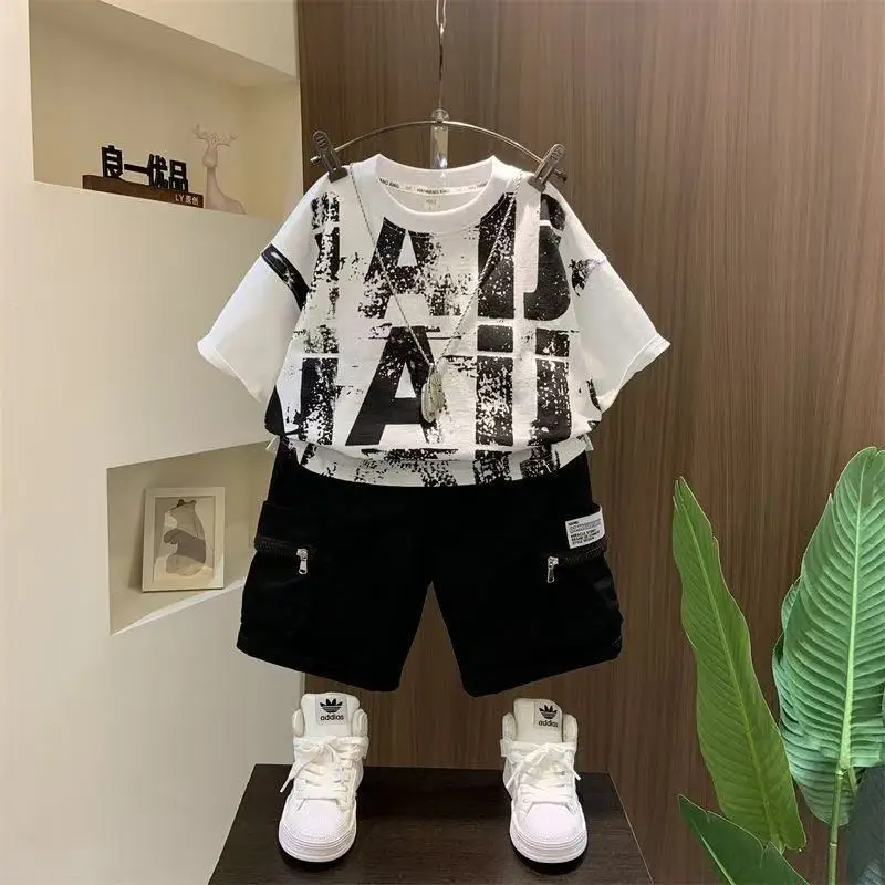 

New Summer Short Sleeve Letter Print Set Baby Boys Pullover T-ShirtBlack Pocket Shorts 2pcs Suit Kids 1 to 8 Years Sport Clothes