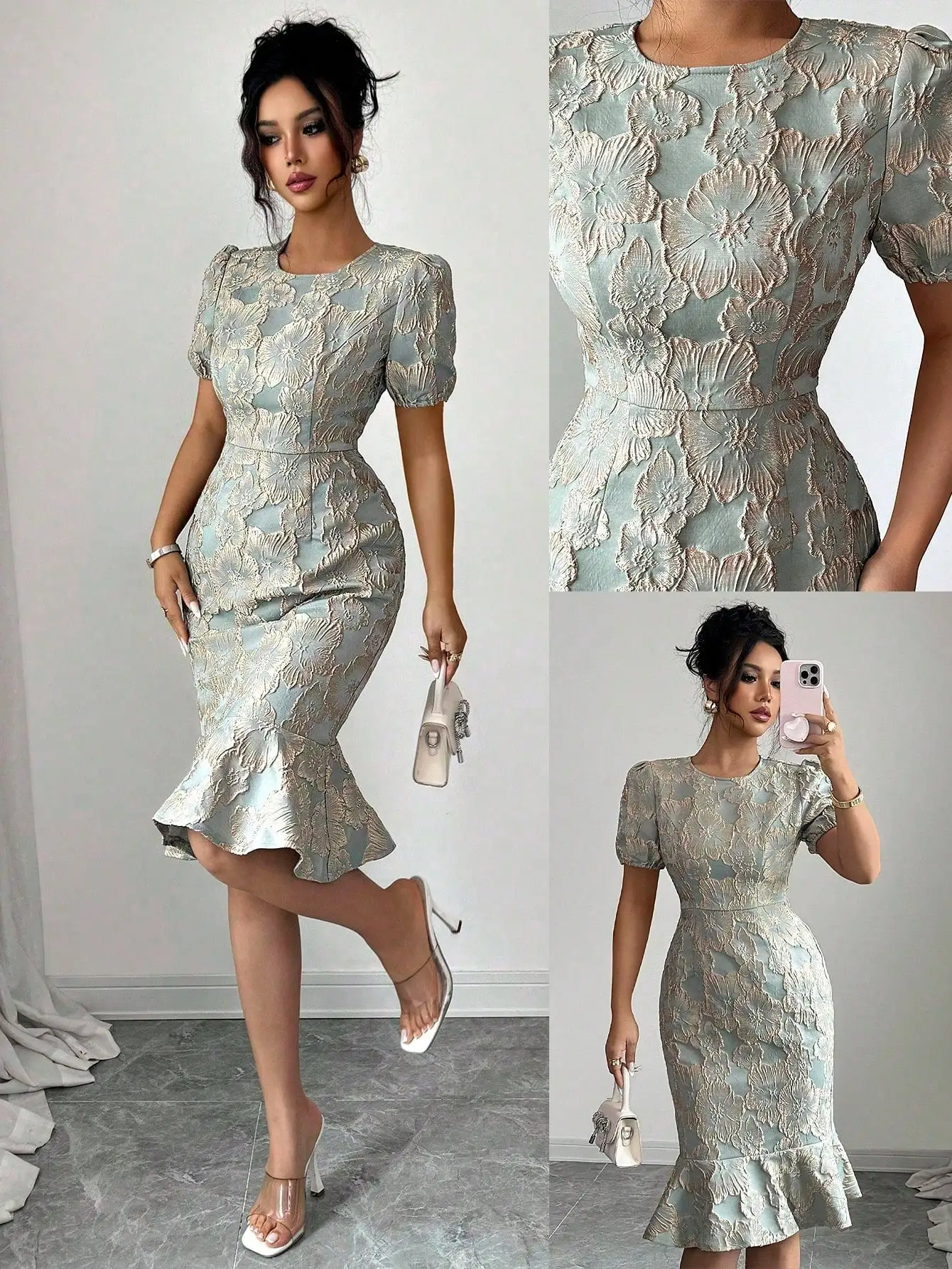 

Round Neck Puff Sleeve Floral Jacquard Midi Dress with Ruffle Hem