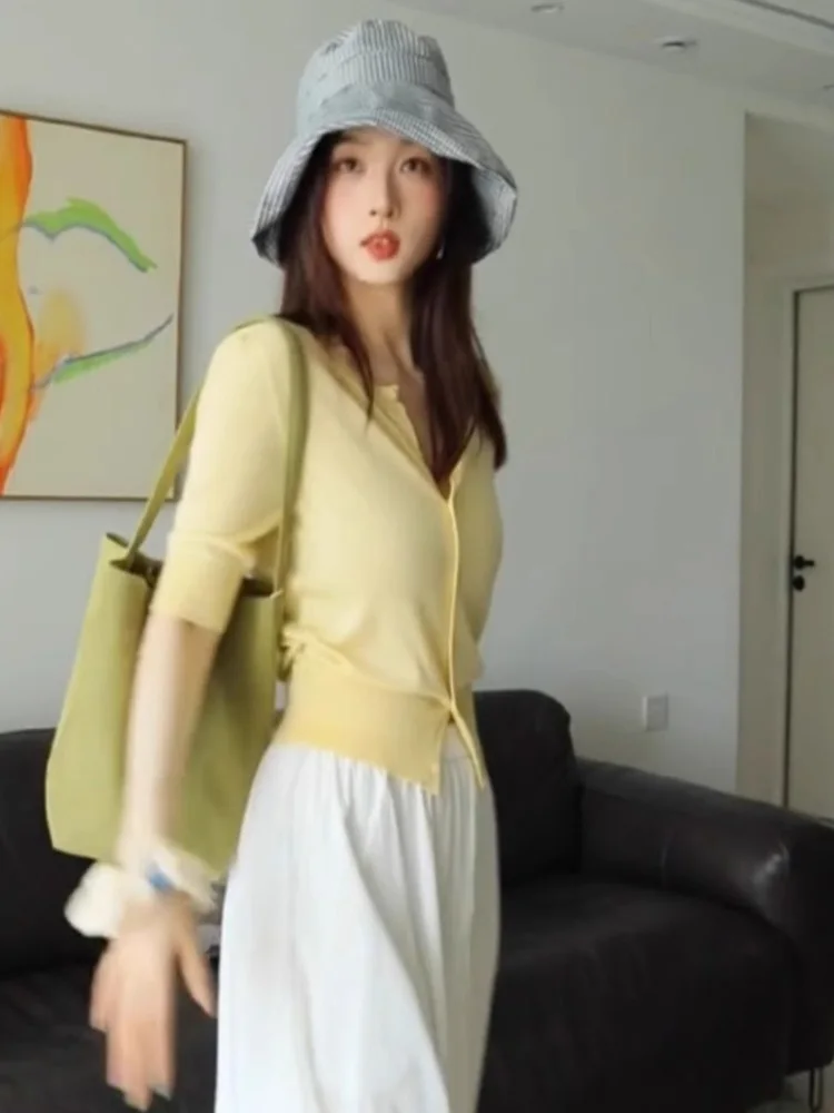 Cómoda protección solar de punto fino cubrir dulce joven adelgazamiento Casual perezoso versátil ort Sve v-ne Top