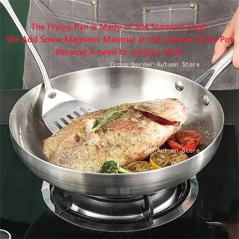 Frying Pan 22/24/26/28CM 304 Stainless Steel 2MM Thick Wok Pan 5 Ply Steel Food Grade Non-Stick Pans for Cooking Pot