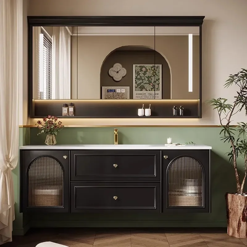 French Retro Oak Bathroom Cabinet with Luxury Stone Countertop Floor to Ceiling Washstand Modern American Style Vanity Unit
