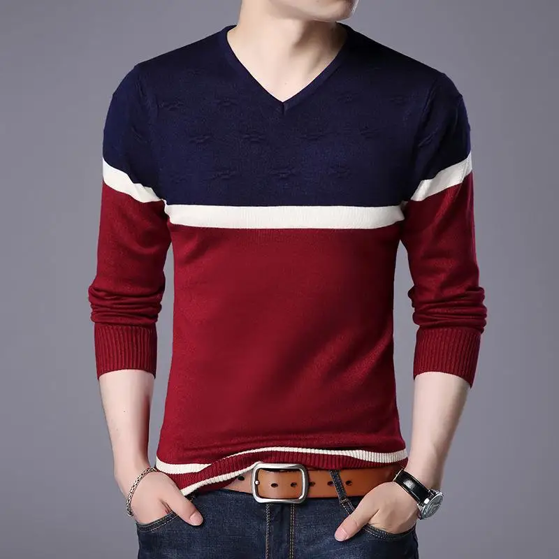 

2023 Autumn New Youth Fashion Leisure Slim Fit Round Neck Sweater Men's Color Matching Trend Comfortable Versatile Underlay