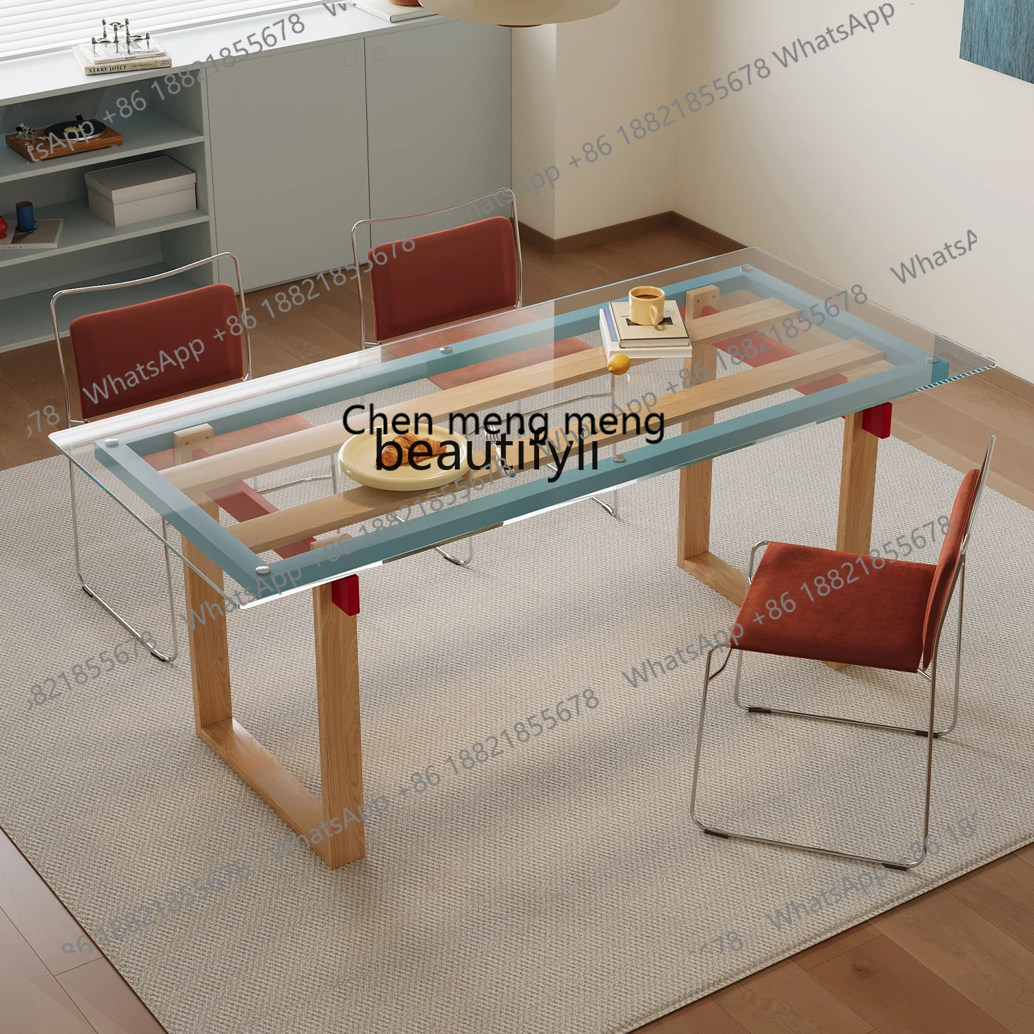 

X Solid wood tempered glass dining table for household use, small rectangular transparent desk