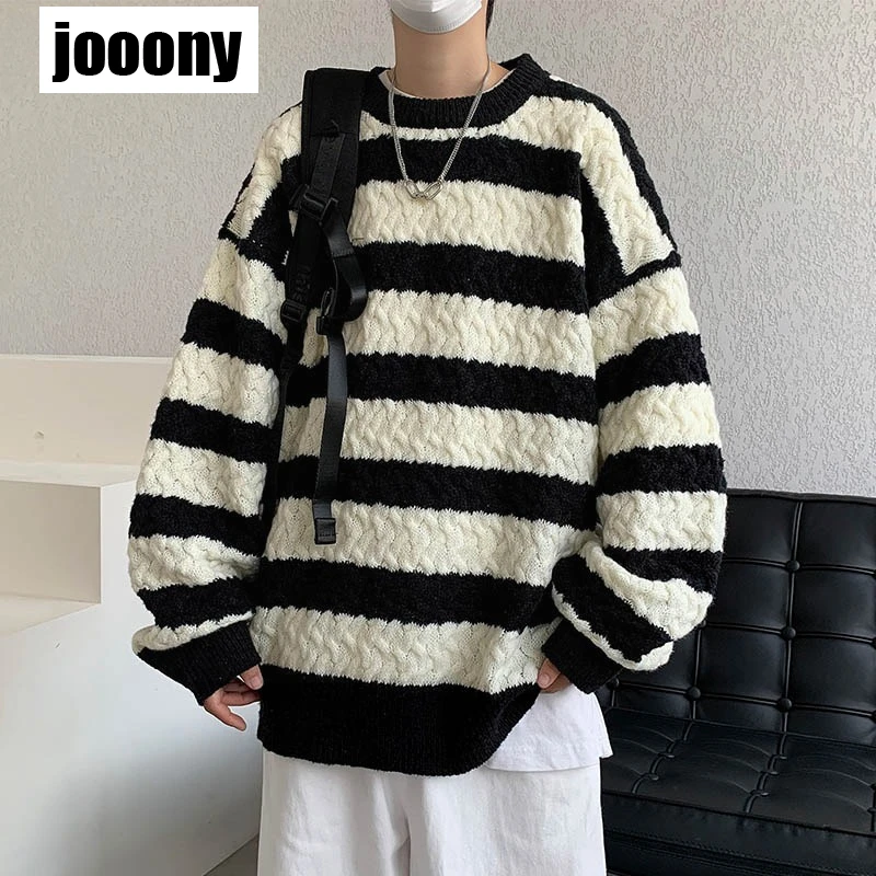 Casual Pullovers All-match Warm Tops Knitted Spliced Loose Korean Striped Sweater Fashion O-Neck Men's Clothing Versatile New