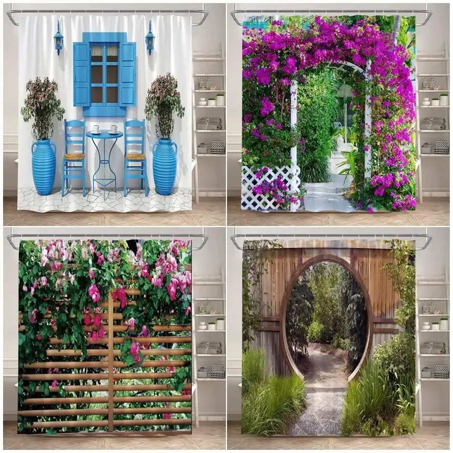 

Fence Flowers Shower Curtains Blue Window Nature Floral Plants Scenery Modern Garden Wall Hanging Home Bathroom Decor with Hooks