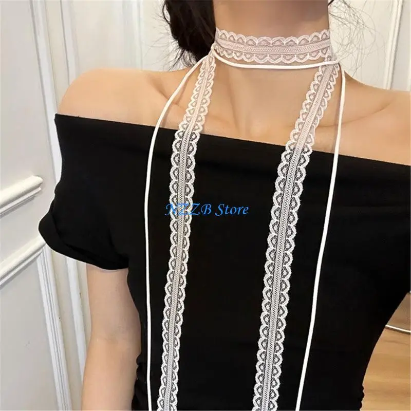 

T21F Eye-catching Scarf for Women Full Lace Long Chain for Nightclub Proms Choker Balletcore Nightclub Neck Jewelry