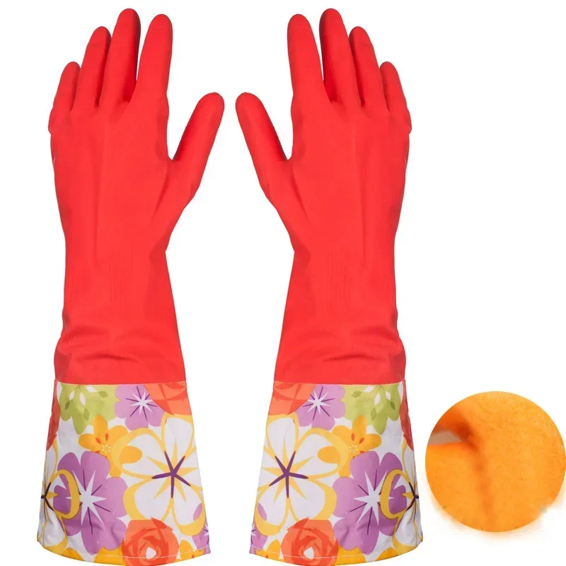 Household Gloves Latex Free Cleaning Gloves Extra Long Cuff 47cm and Vinyl Textured Grip 1 Pair Dish Washing Gloves