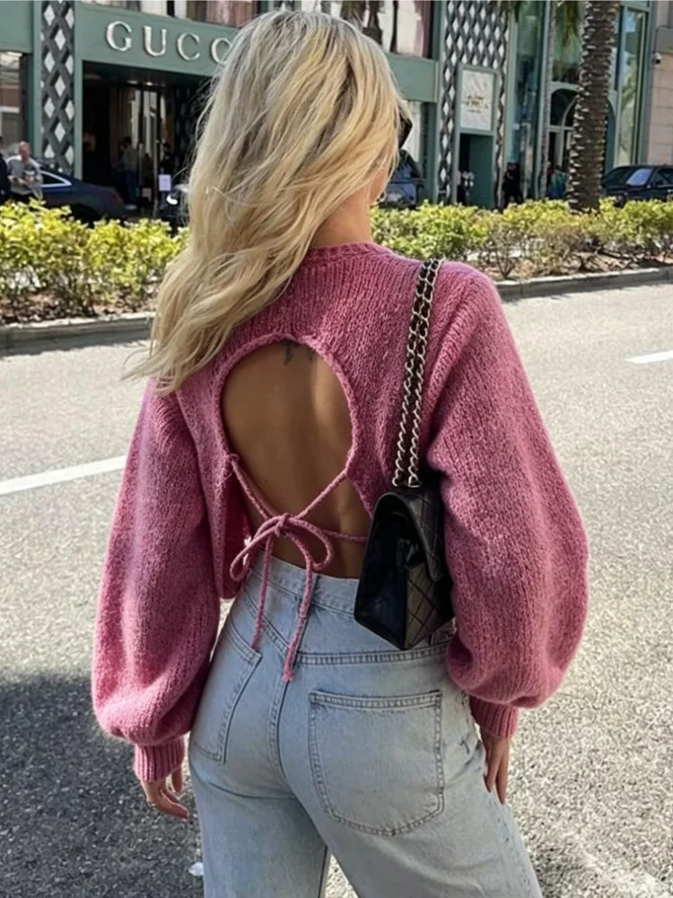 Autumn and Winter Women Sexy Backless Lace-up Sweater Round Neck Knitted Short Blouse Loose Long Sleeve Casual Top Sweet Jumper