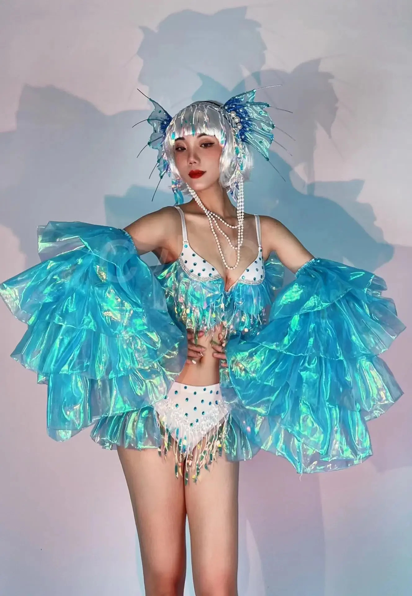 Female Dance Team Party Show Performance Mermaid Role Playing Costume Bar Big Sleeve Sequins Tassel Rhinestones Bikini Outfits