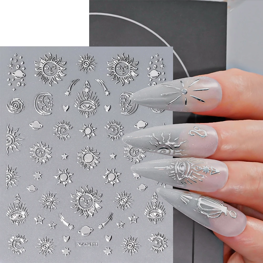 1 Uds. 3D plata Y2K estrella Luna sol pegatina artística para uñas luz de estrellas brillante pegatinas autoadhesivas geométricas para uñas DIY suministro de uñas de lujo