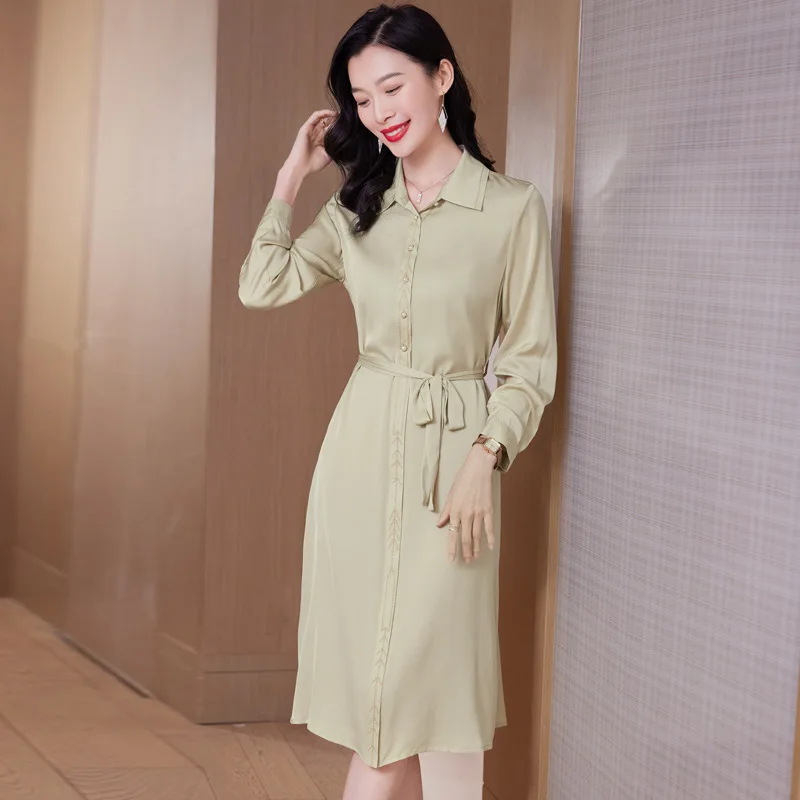 2024 spring women's new heavy polo collar temperament ladies' dress fashion satin mulberry silk skirt