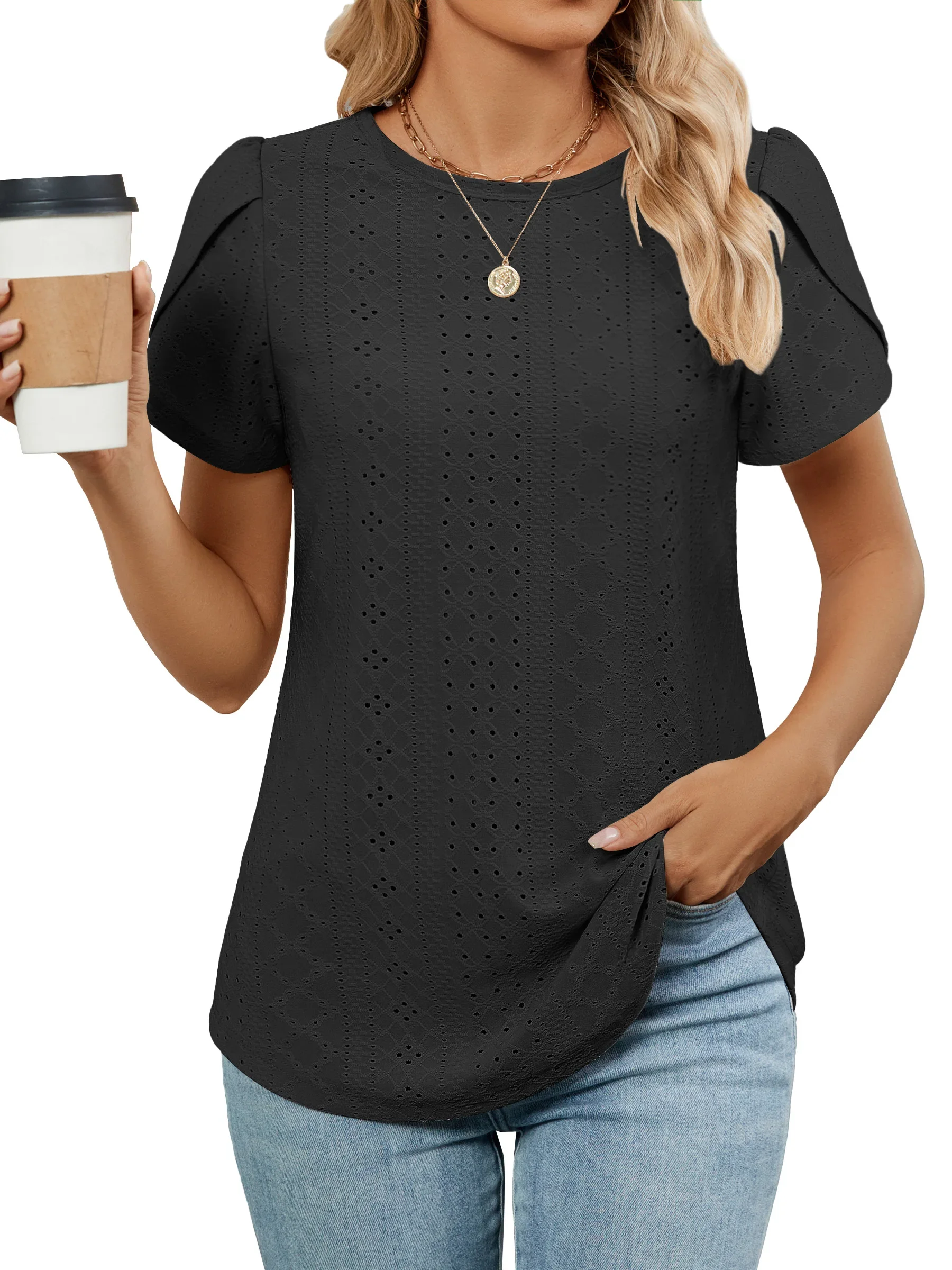 

Elegant Short Sleeve T-Shirt for Women Ladies Casual Solid T-Shirt Hollow Out Crew Neck Top Women Versatile Trend Tee Tops