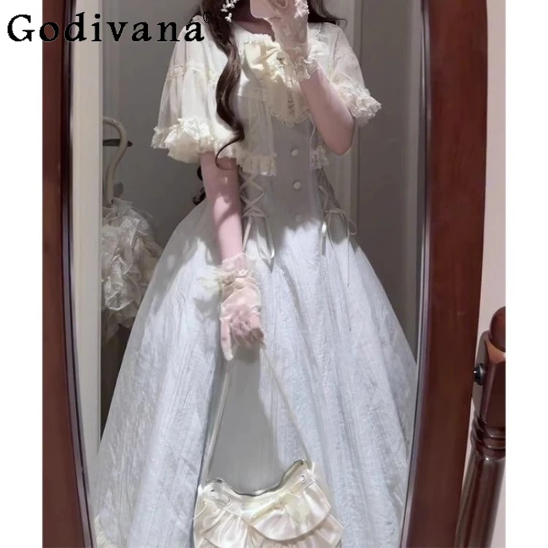 Elegante doorzichtige Lolita taille cinching jurk voor meisjes zomer ballet stijl zoete lange jurk dames prinses boog kanten jurk