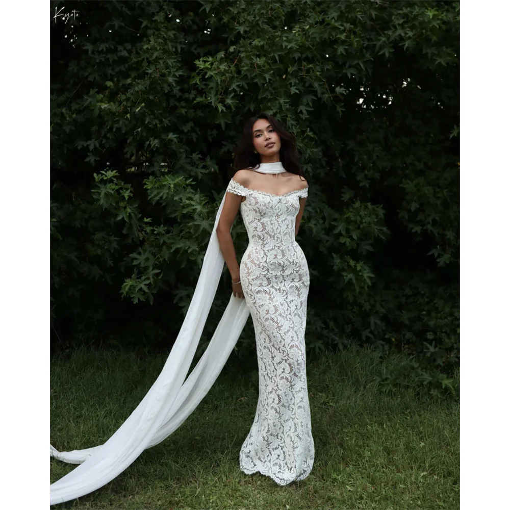 Kyoto Aangepaste Ivoor Uit de Schouder Zeemeermin Trouwjurk Mouwloos Vloerlengte vestidos de noche Eenvoudig Met Sjaal Formeel