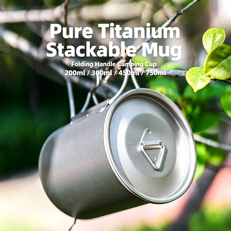 Pure Titanium Camping Mug Lid Folding Handle Stackable Portable Coffee Cup 200ml 300ml 450ml 750ml for Hiking Backpacking Picnic