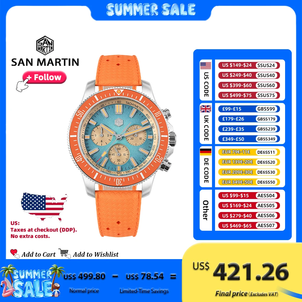San Martin 40mm Diver Chronograph Automatic Watch for Men Chinese Peacock SL-4801 Sapphire Luminous Waterproof 20Bar SN0118G-JS