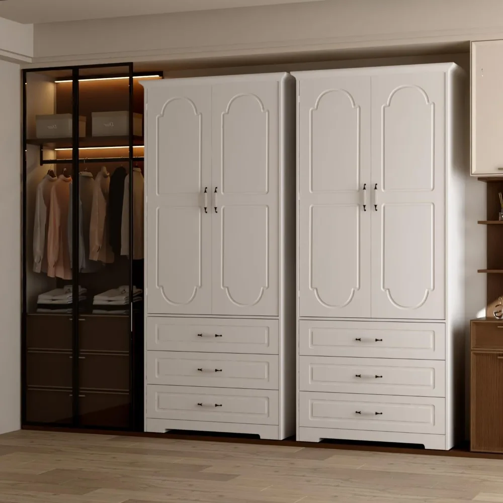 

Wooden Armoire Wardrobe Closet with 3 Drawers and LED Light 72 Modern Bedroom Armoire with Retro Ceramic Door Handles Wardrobe