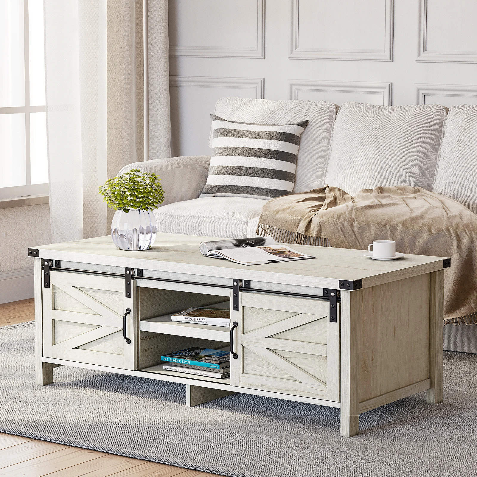 Farmhouse Coffee Table with Sliding Barn Doors & Storage, Rustic Wooden Center Rectangular Tables w/Adjustable Cabinet Shelves