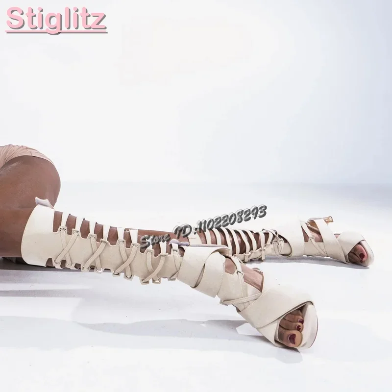 Retro Cross-tied Roman Sandals Solid Frosted Round Toe Belt Buckle Strappy High Heels 2025 Summer New Women Fashion Modern Shoes