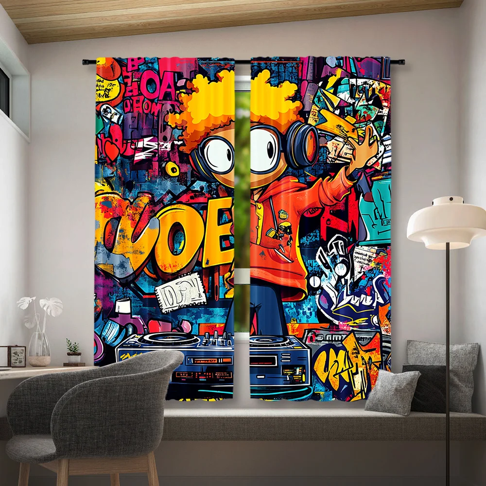 2pcs Graffiti Hip Hop DJ Curtains Blackout Drapes for Teen Room Game Room Urban Street Art Decor Colorful Spray PaintPrintPanels