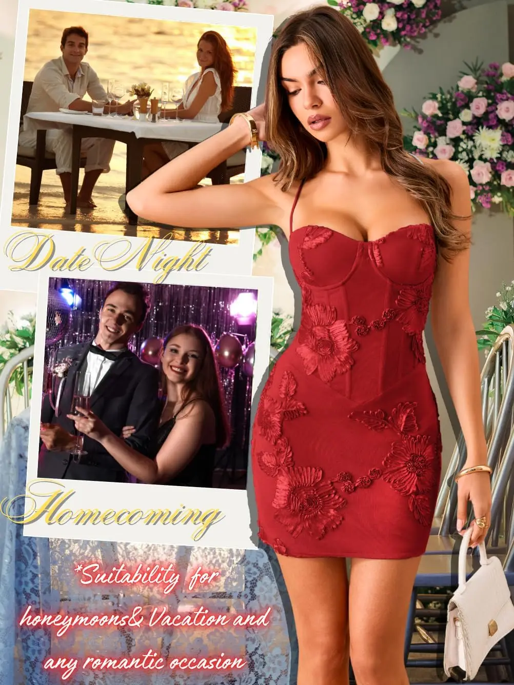 

Women's Embroidered Corset Mini Dress Semi-Formal Sweetheart Tie Back Backless Lace Bodycon Dress for Grad Party Cocktail Dress