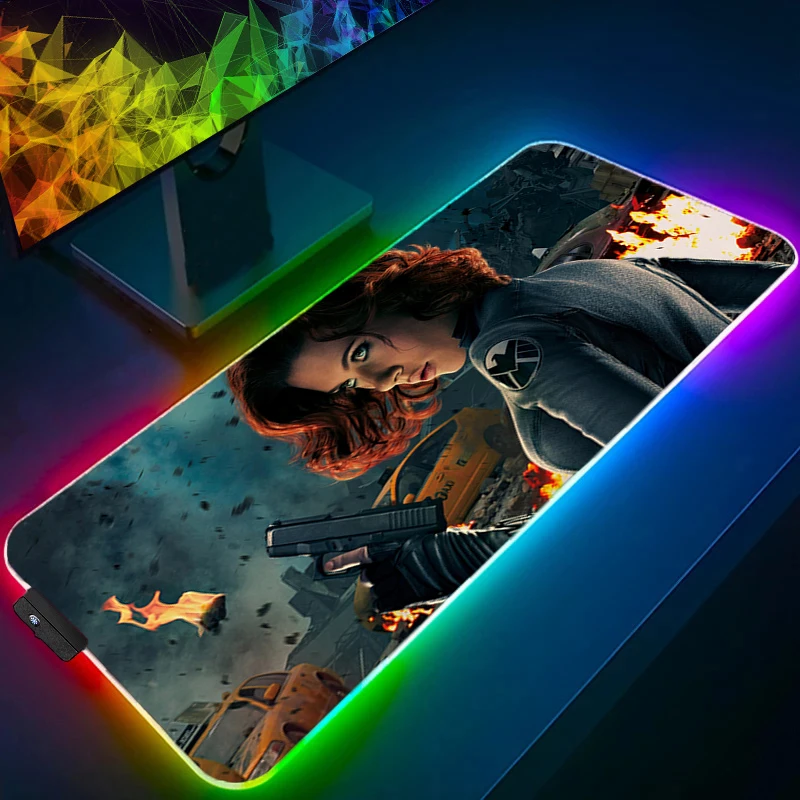 Alfombrilla de ratón RGB, juego de viuda negra, retroiluminación de goma, teclado de Pc, portátil, Kawaii, ordenador, velocidad, LED, alfombrilla de escritorio, accesorios para juegos, alfombrilla para ratón