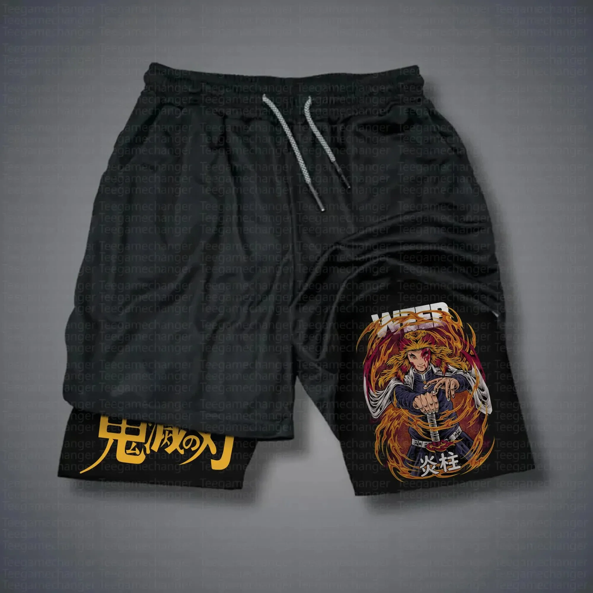 Demon Slayer Schwarze Trainingsshorts Rengoku Kyojuro Flame Pillar Print mit gelben Kanji-Text-Feuereffekten Anime-Grafik