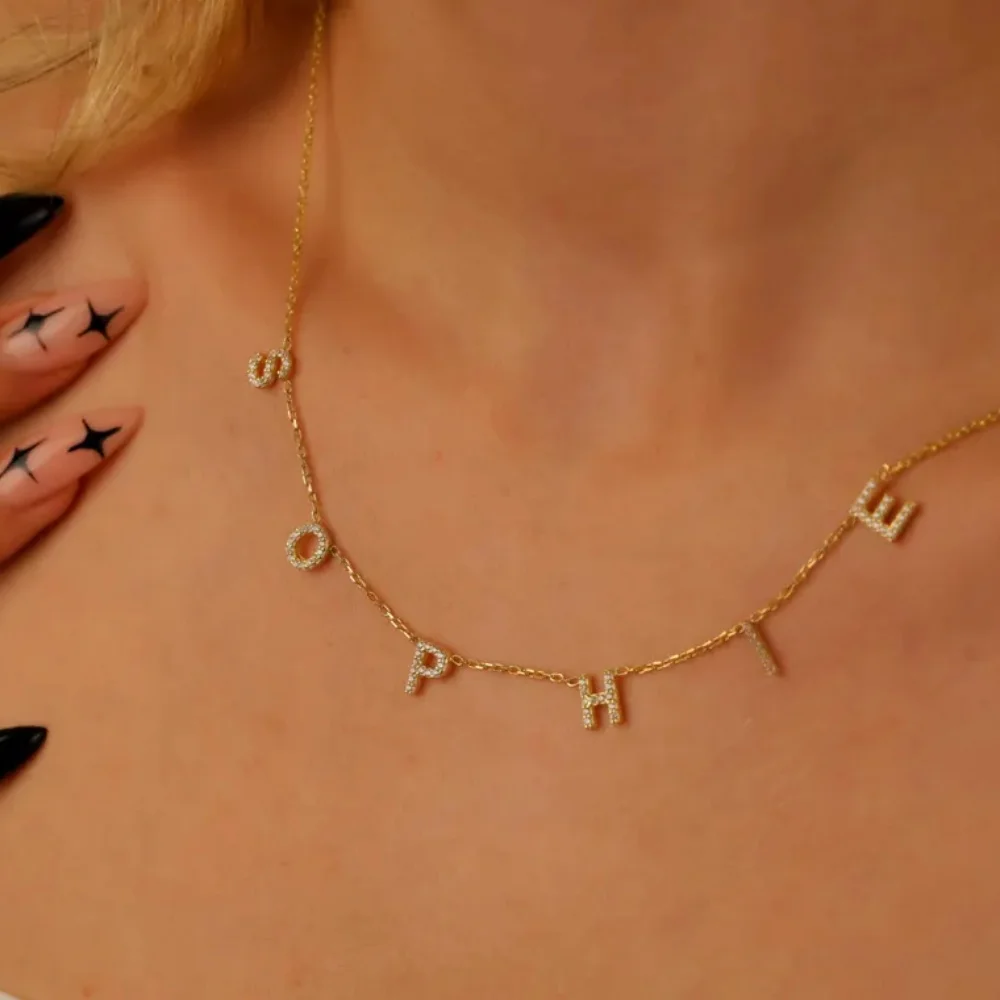 Custom Zirconia Initials Name Necklace Stainless Steel Gold Color Dainty Letters Personalized Necklace Women Elegant Jewelry