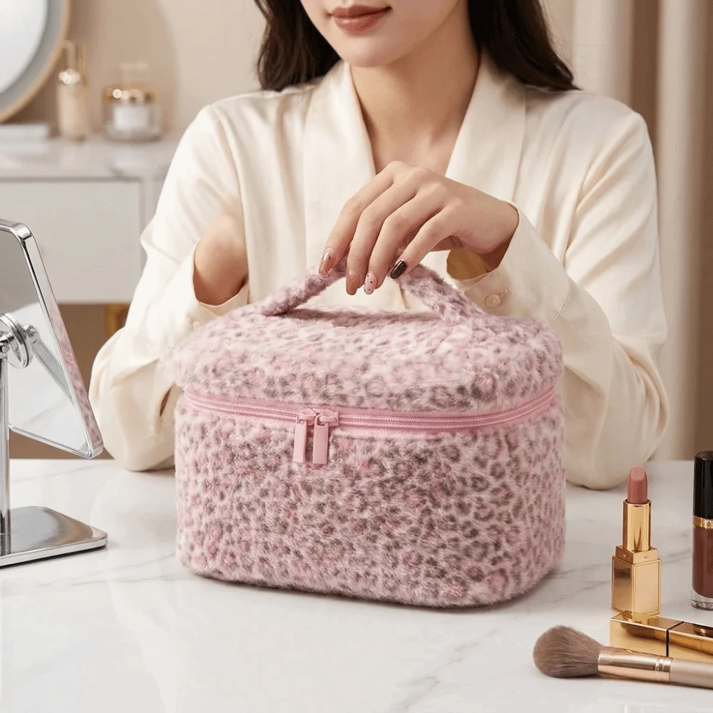 Portable Pink Leopard Print Makeup Bag Top Handle Large Capacity Plush Toiletry Organizer Zipper Smooth Material Storage Pouch