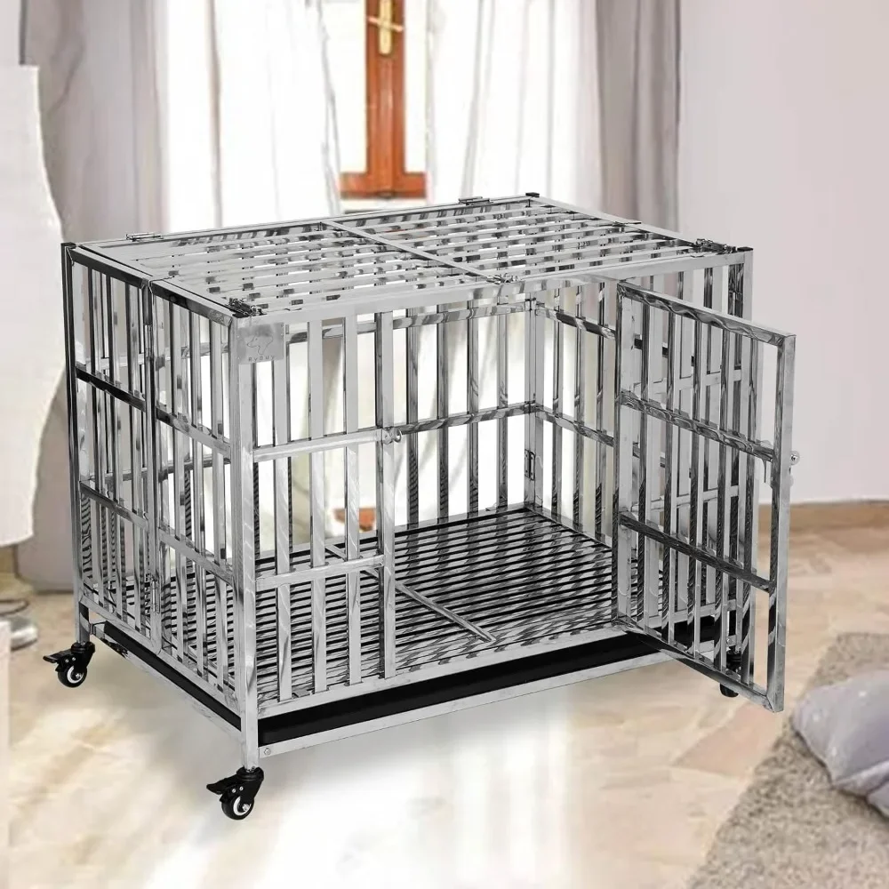 Stainless steel kennel cage, suitable for small dogs, with tray,indoor foldable and portable, suitable for outdoor animal travel